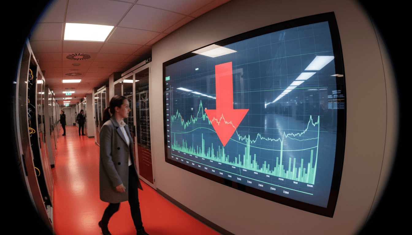 A street-level shot showing a digital billboard displaying a downward trending cryptocurrency graph, with "crypto spring rally chances" text overlayed, amidst a bustling city street.