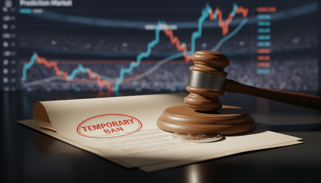 A legal document with 'Kalshi Nevada ban' stamped in red, overlaid on a blurred background of a sports stadium and a financial trading screen.