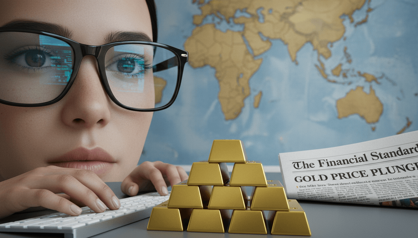 A close-up of a stack of gold bars next to a financial newspaper showing headlines about a gold price plunge, with a blurred background of a global map.