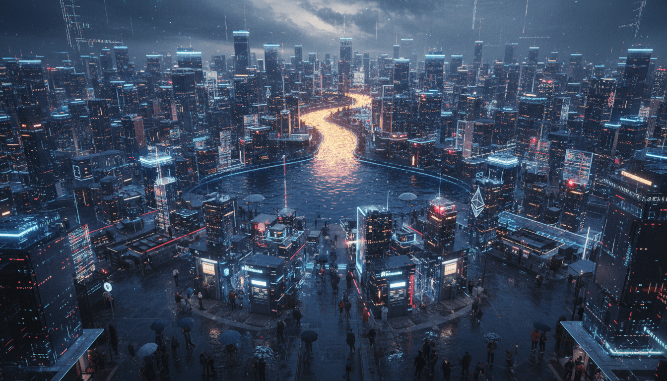 An aerial view of a vast digital landscape representing the Ethereum blockchain, with a prominent data stream symbolizing an early Ethereum whale rebuilding stack.