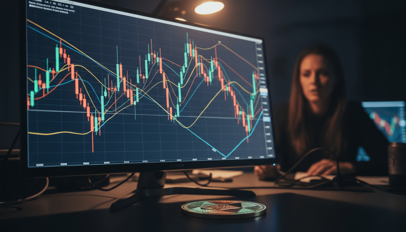 A close-up of a digital display showing Bitcoin options signal extreme fear with red and green candlestick charts.