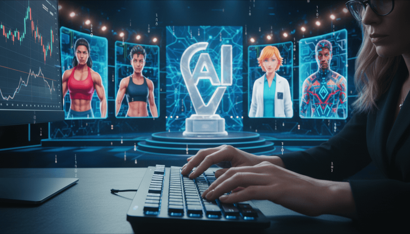 A vibrant digital awards ceremony stage with a holographic trophy for the AI Personality Challenge at its center, surrounded by glowing virtual screens displaying diverse AI characters.