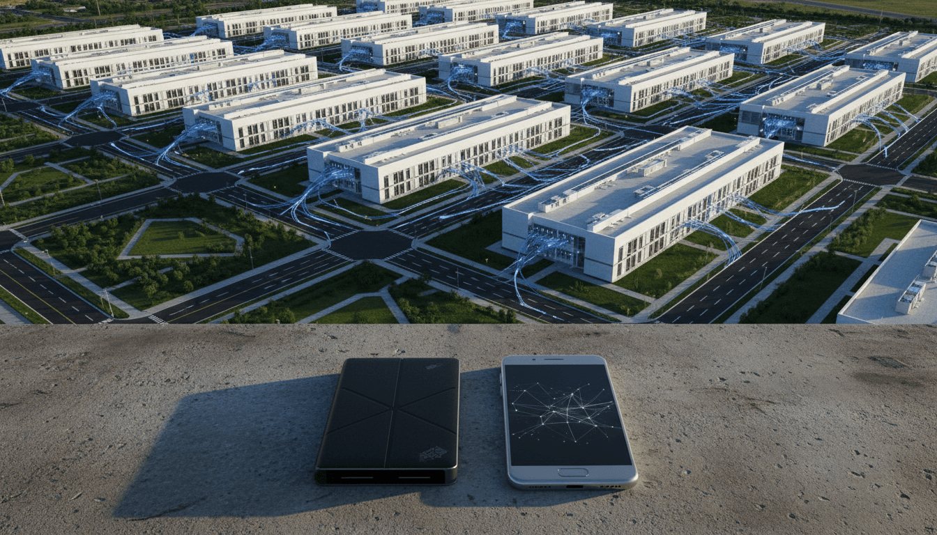 Aerial view of a sprawling data center campus, bathed in the glow of a setting sun, with visible network cables connecting various server buildings, symbolizing the complex infrastructure undergoing post-quantum migration.