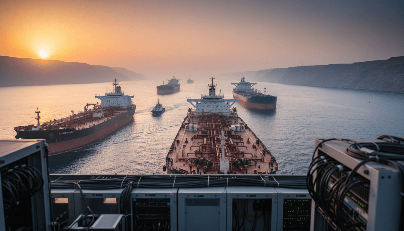 Oil tankers navigating the narrow Strait of Hormuz, with a digital overlay showing a downward arrow indicating a crypto market slide.