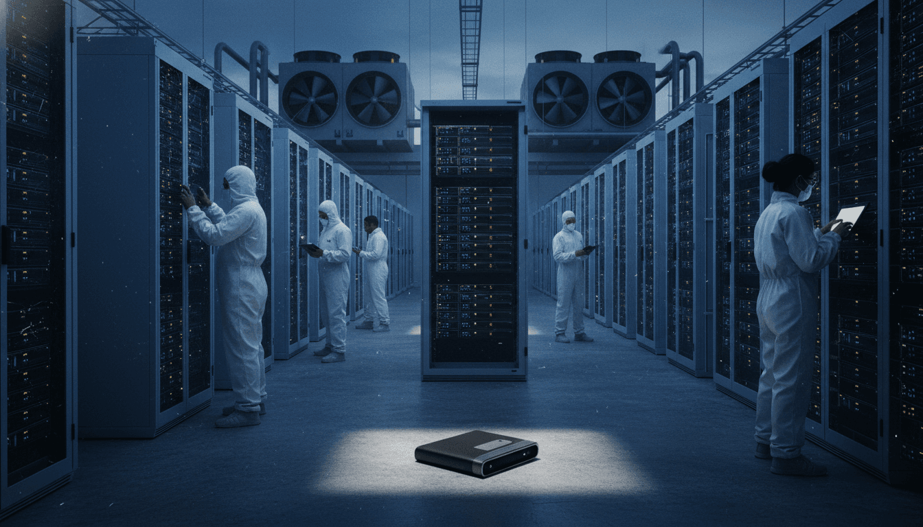 A vast data center facility, with rows of server racks humming, where Bitcoin miners pivot to AI by repurposing their computing infrastructure.