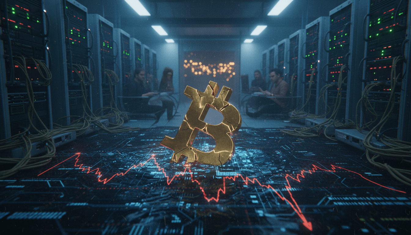 A digital representation of a Bitcoin symbol falling through a significant price support level, illustrating a Bitcoin crash below $60K.