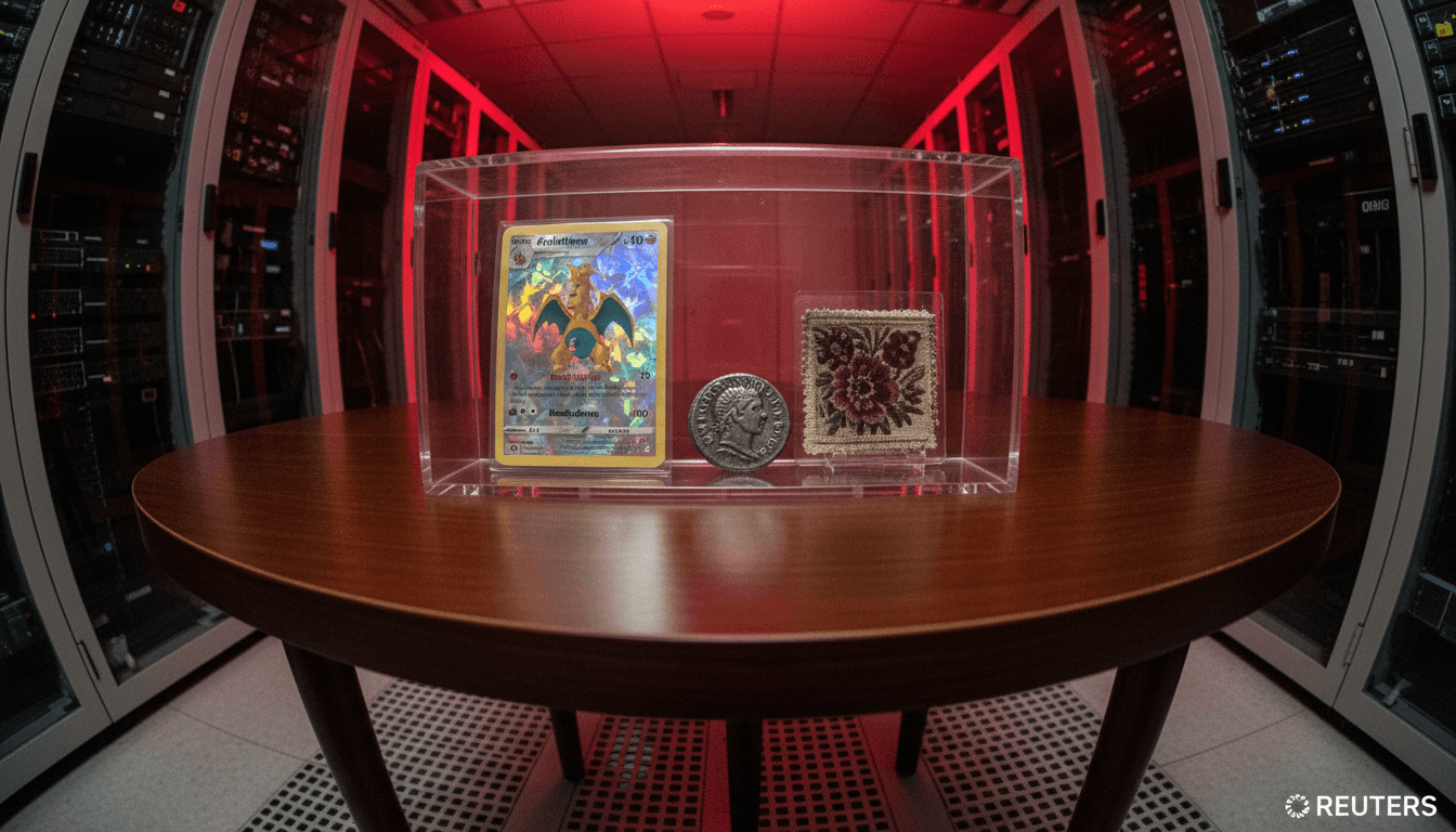 A collection of rare collectibles including a vintage Pokémon card, an antique Roman coin, and a small framed piece of fabric, arranged on a dark, textured surface, representing the alleged purchases made by the Uranium Finance hacker.