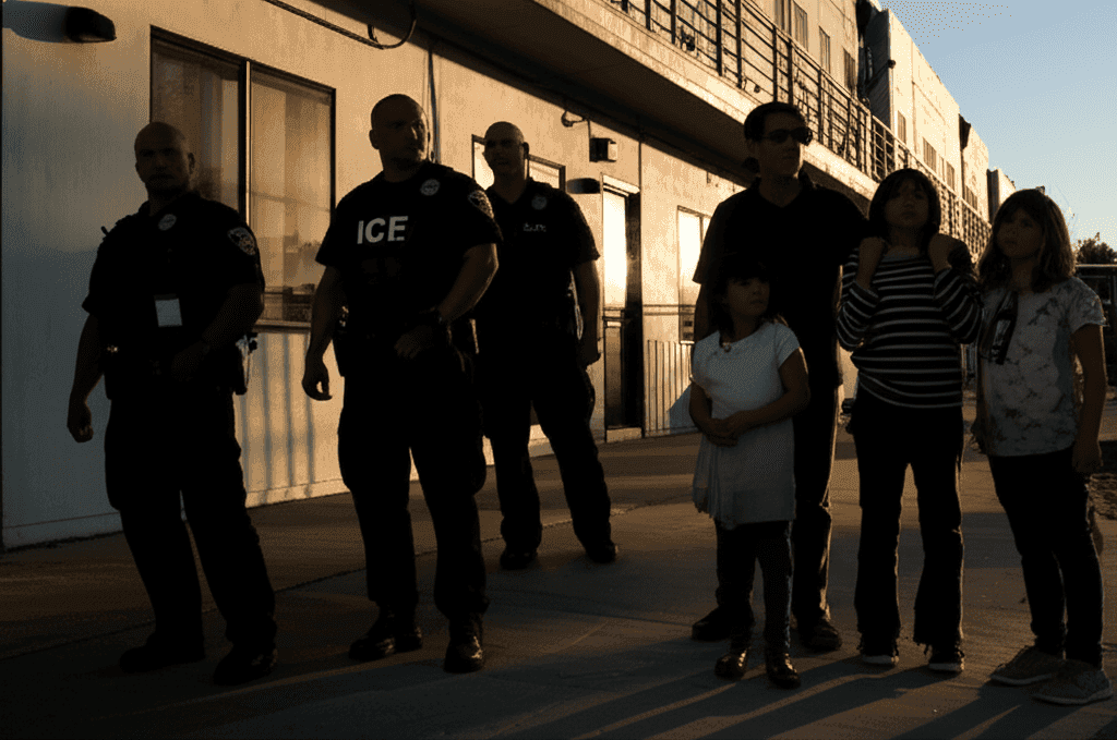 A distressed family stands outside their apartment building as ICE agents are visible in the background, symbolizing ICE landlord collusion.
