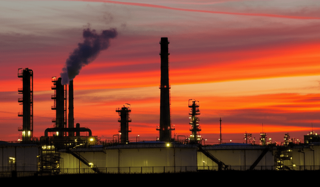 Oil refinery silhouetted against a fiery sunset sky, representing oil price impact.