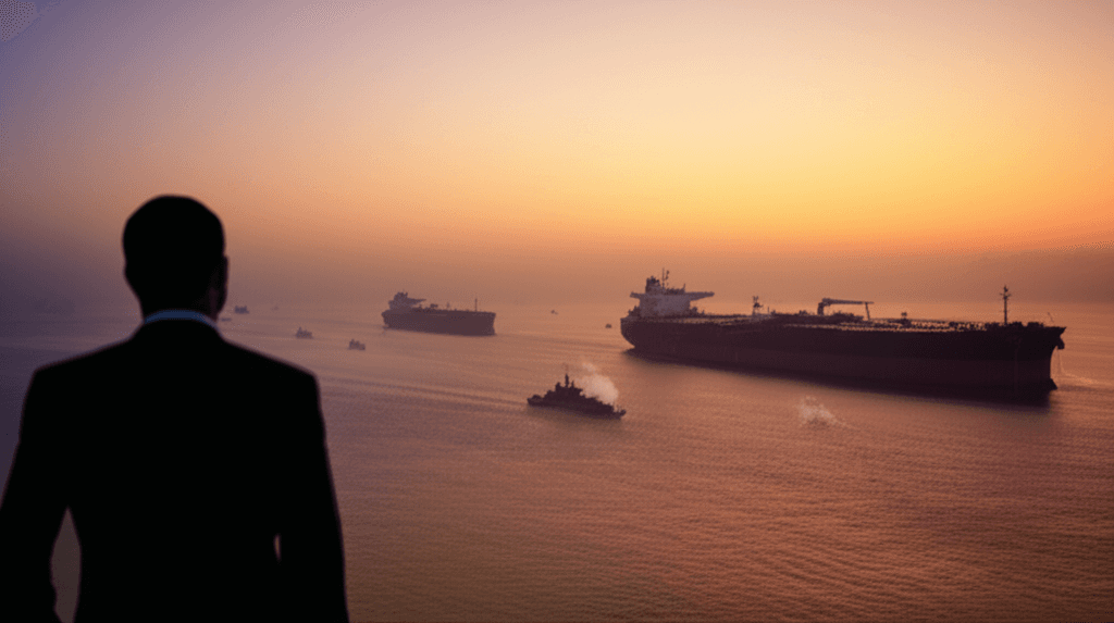 Illustration of an oil rig and cargo ship overlaid on a map highlighting the oil supply threat from the Strait of Hormuz.