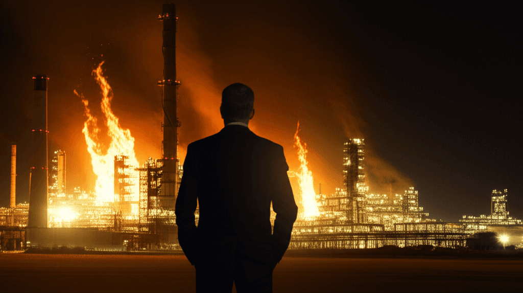 Burning oil refinery in the Middle East with Iran war fallout implications