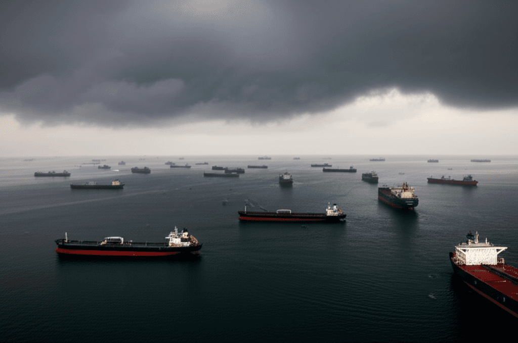 Oil tanker navigating the Strait of Hormuz under a tense, clouded sky highlighting the Iran war risk.