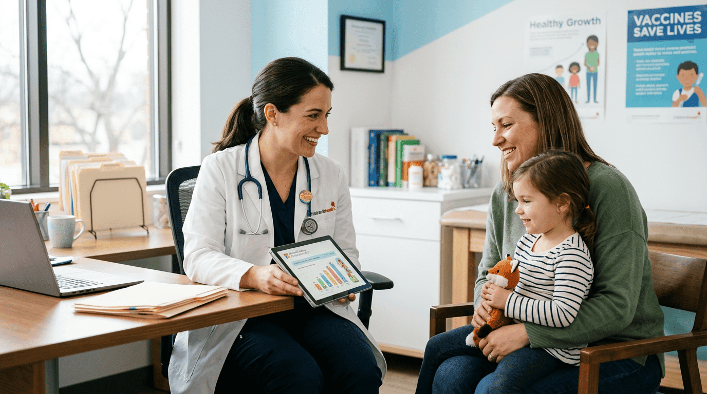 A doctor discussing pediatric vaccine changes with a concerned parent in a modern clinic.