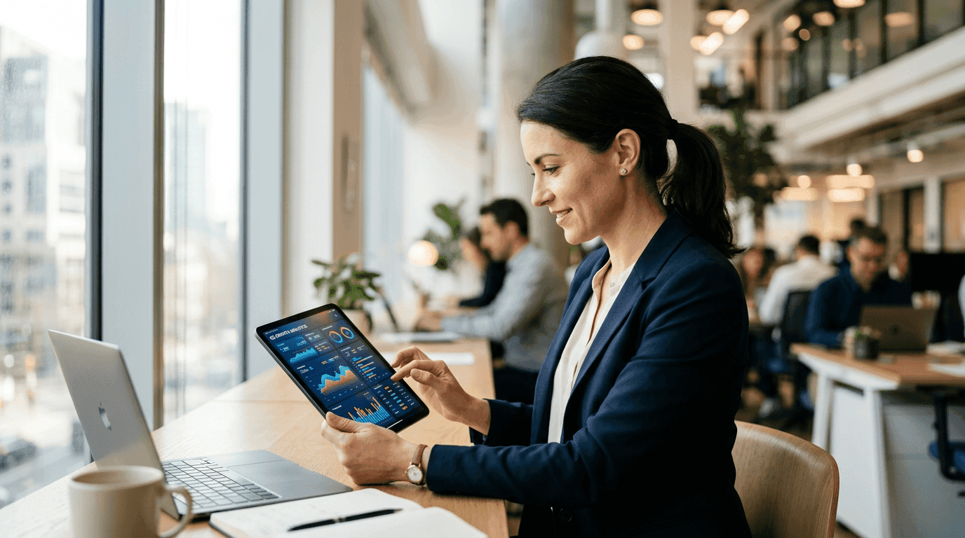 A professional analyzing a report on weak jobs data in a modern office.