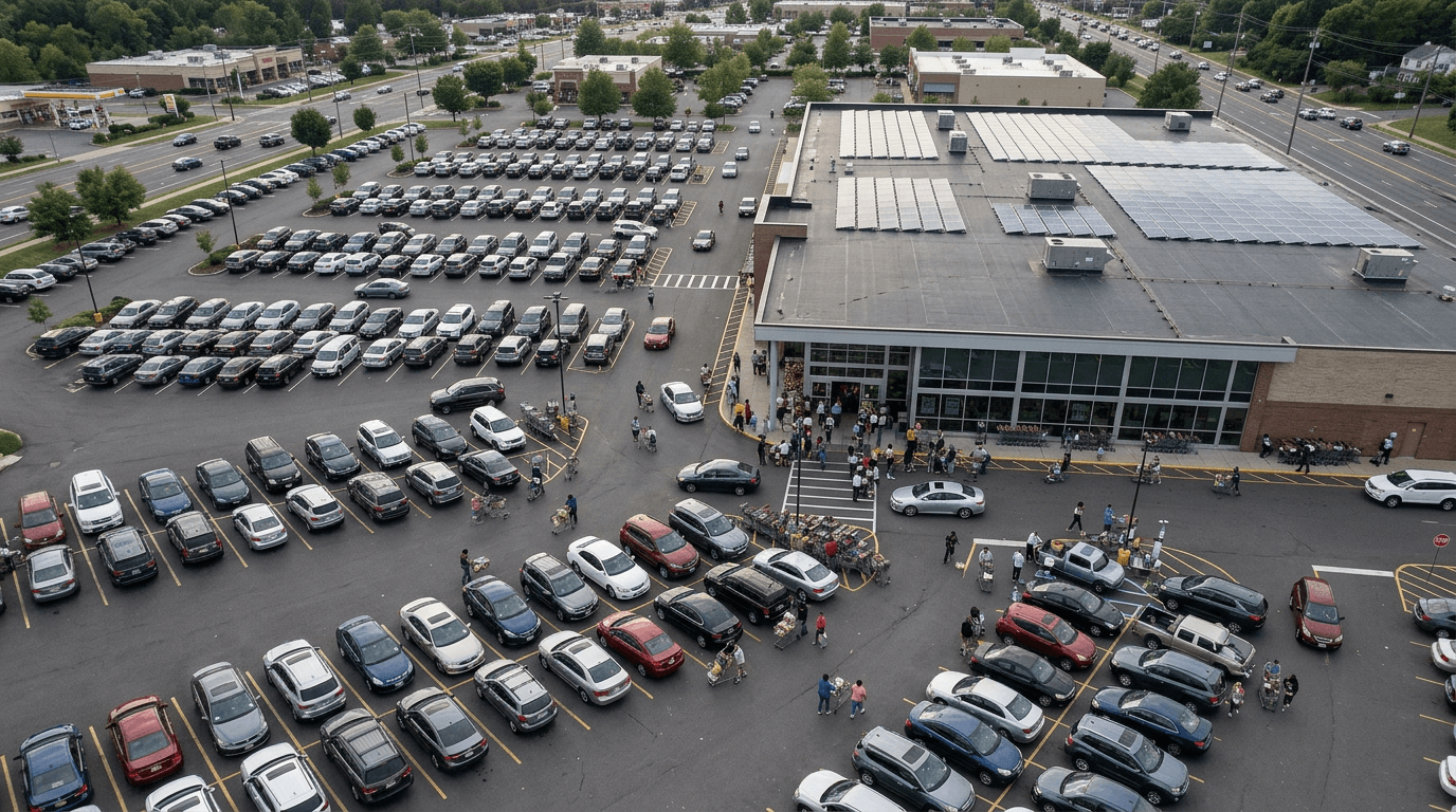 An aerial view of a bustling American grocery store parking lot with carts, reflecting the impact of food inflation in America.