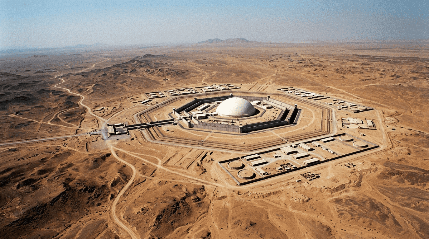 Satellite view of the heavily guarded Dimona reactor, a key site in Israel's nuclear weapons program, with desert landscape.