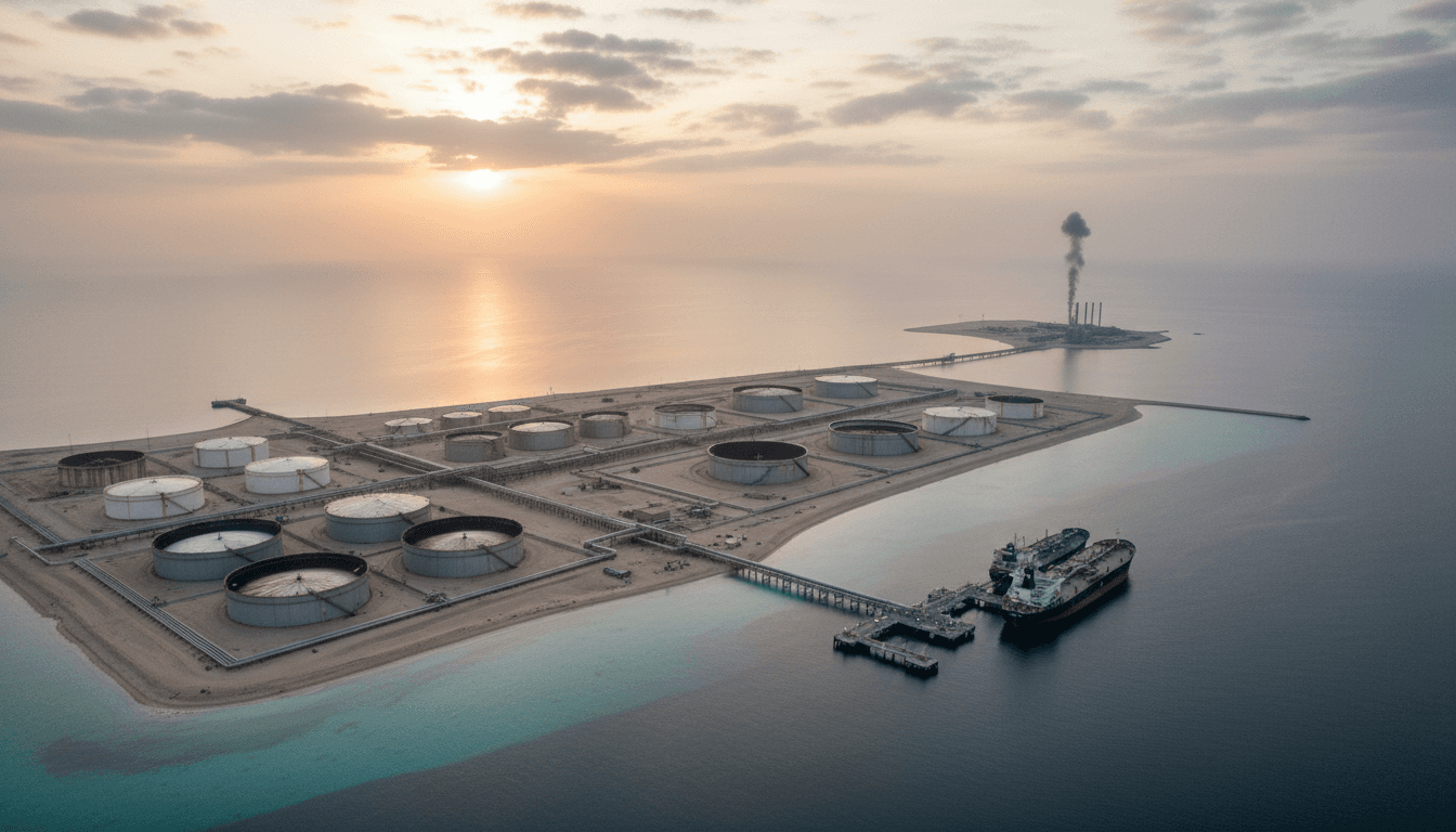 Aerial view of Kharg Island's oil terminal with a plume of smoke in the distance, illustrating the Iran war escalation.