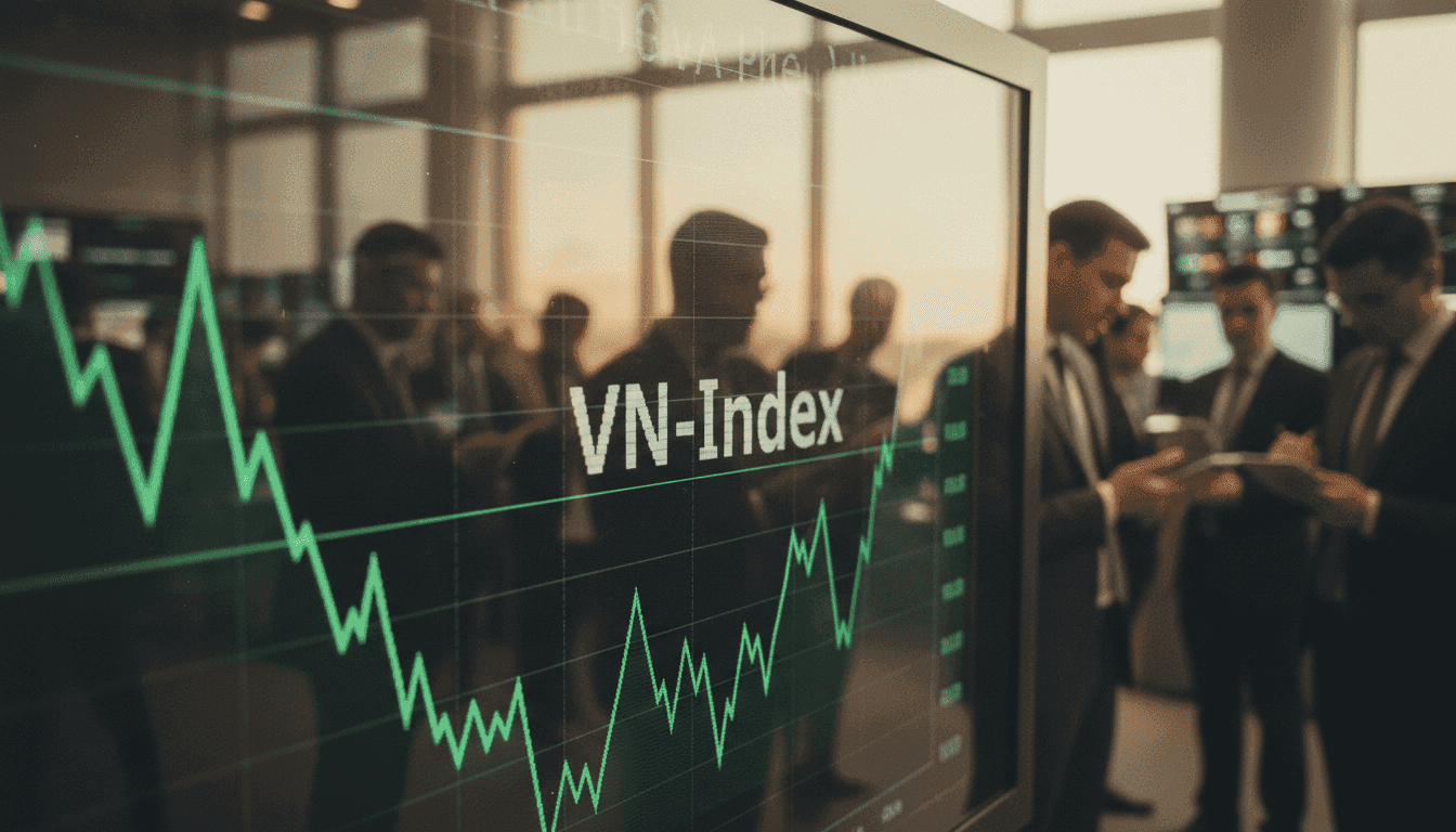 A close-up of a stock ticker displaying the VN-Index with 'Vietnam emerging market upgrade' highlighted, symbolizing growth and investment.