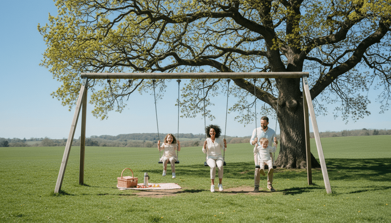 A young family, including two parents and two young children, happily playing in a sunlit park, symbolizing early retirement for parents.