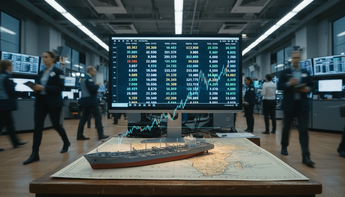 A digital display showing U.S. stock futures volatility with oil price charts in the background, reflecting market uncertainty.