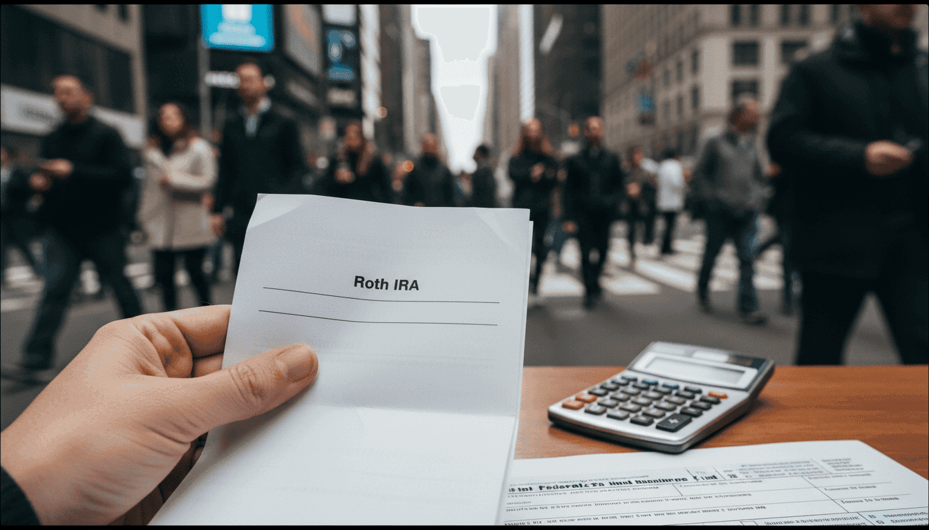 Close-up of a hand holding a Roth IRA statement, with a blurred calculator and a tax form in the background, symbolizing a rethink Roth last strategy.