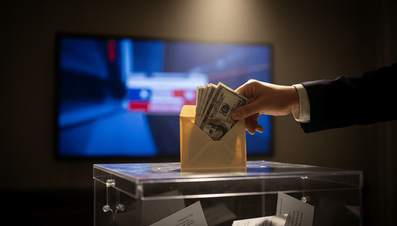 A shadowy figure in a suit placing a large wad of cash into a ballot box, with the words 'dark money in Democratic primaries' subtly visible on a screen in the background.