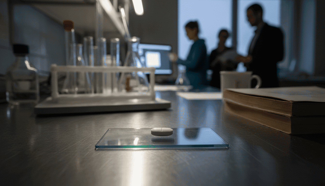 A close-up shot of a single white pill labeled VK2735, resting on a textured, dark blue surface, symbolizing Viking Therapeutics' oral GLP-1 pill innovation.
