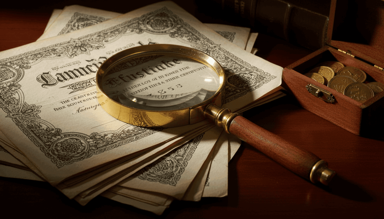 A stack of various bond certificates and a magnifying glass, symbolizing a careful examination of a bond buying opportunity.
