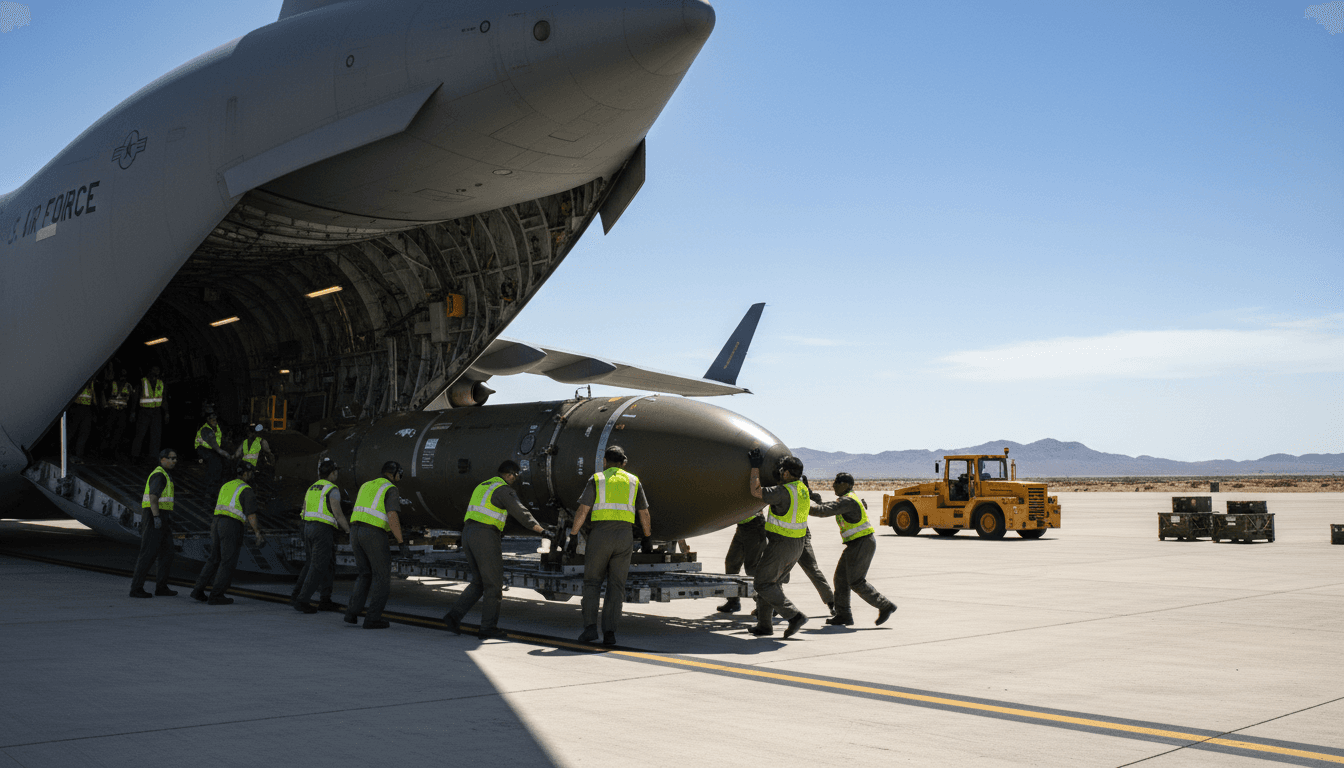 A US military bunker-buster bomb being loaded onto an aircraft, symbolizing the breaking Iran War escalation.