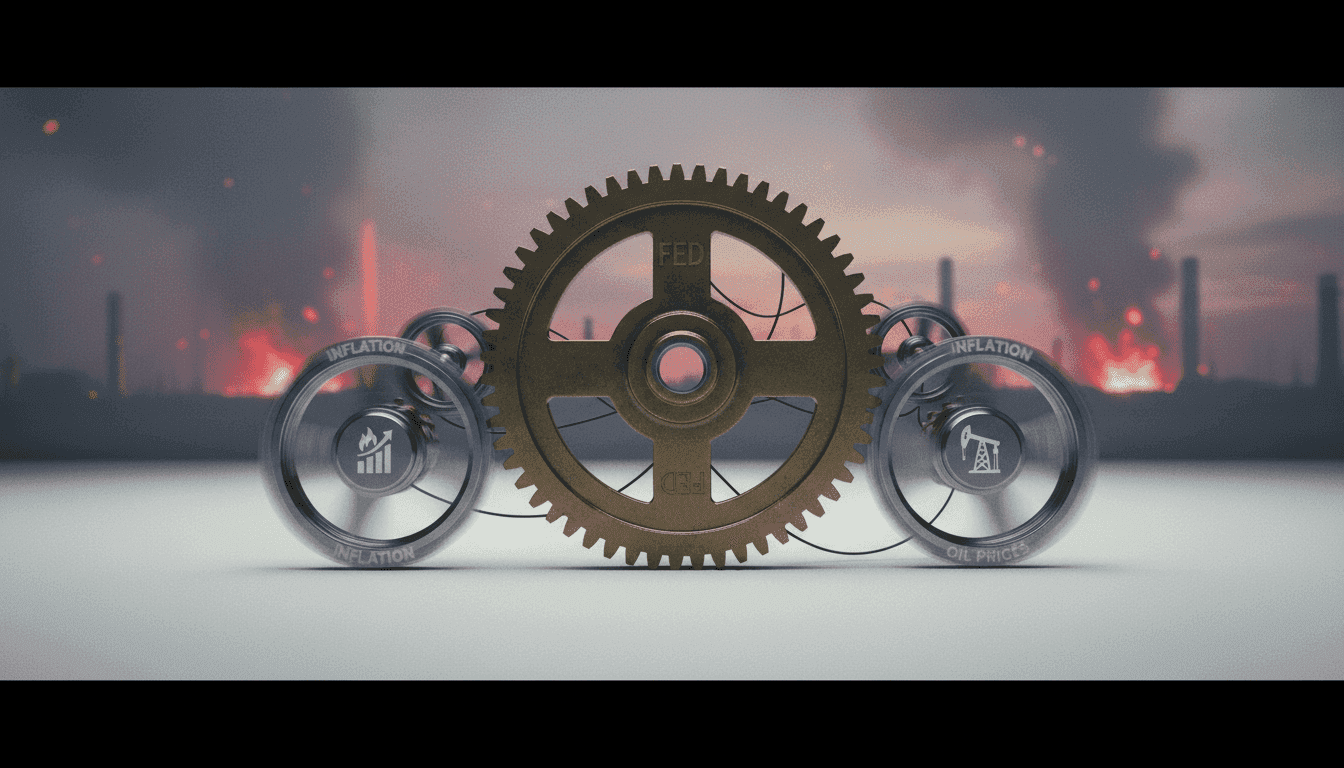 A stylized clock face with hands frozen, symbolizing the Fed holds rates decision, against a backdrop of rising inflation charts and oil price graphs.