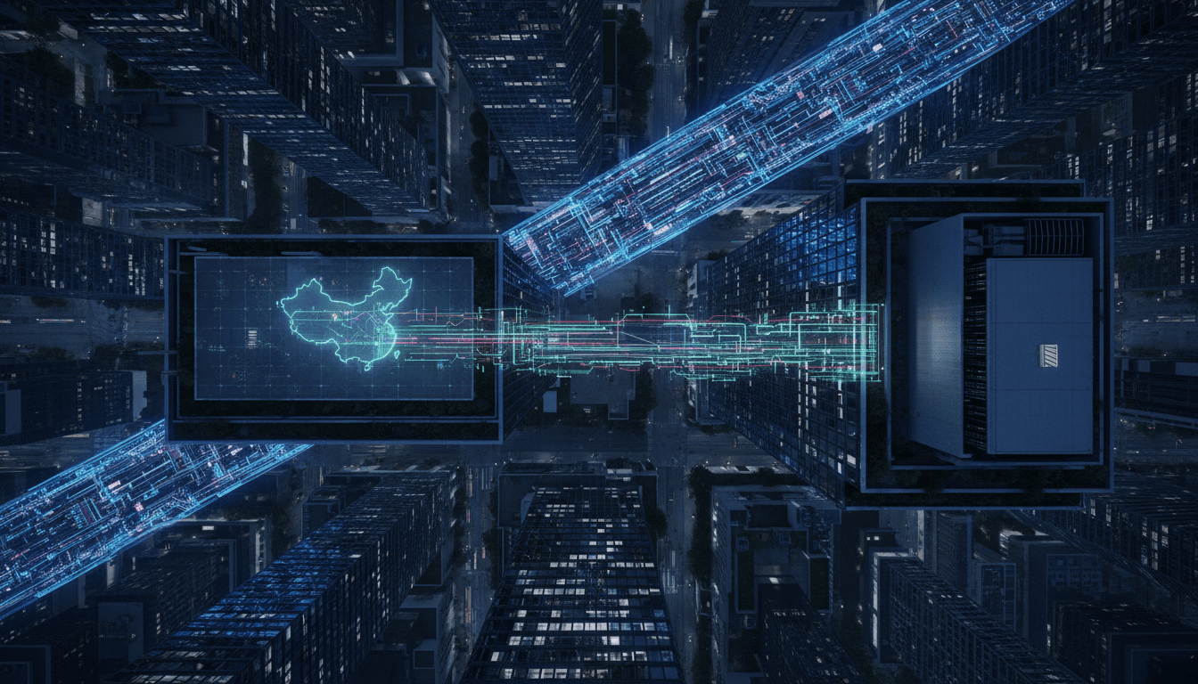 Conceptual image representing a backdoor scheme to divert Nvidia chips, showing a hidden pathway leading from a U.S. server rack towards a stylized map of China.