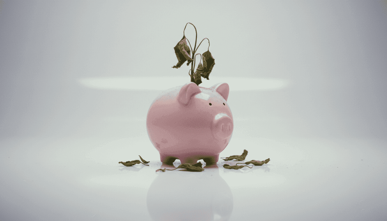 An illustration depicting a wilting plant growing out of a coin slot of a piggy bank, symbolizing killing your retirement by neglecting your IRA through lack of automated contributions.