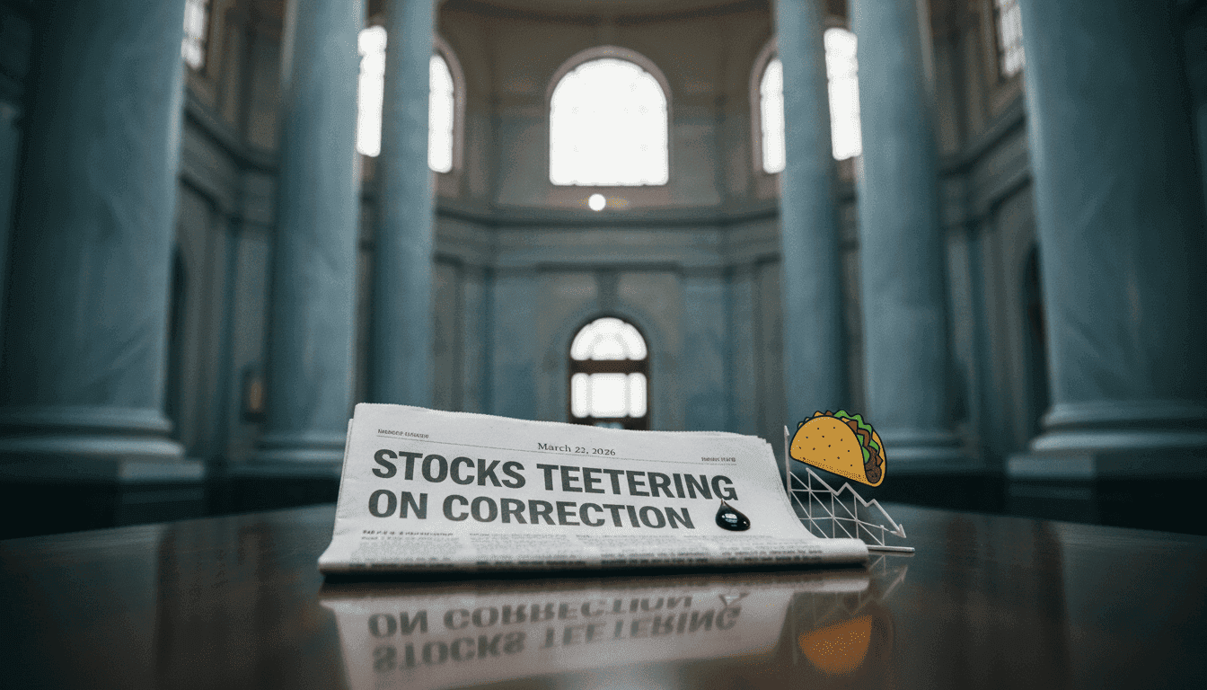 A financial newspaper headline from March 2026 reporting a critical market correction, with a 'TACO' graphic overlaid on a stock chart showing a downturn.