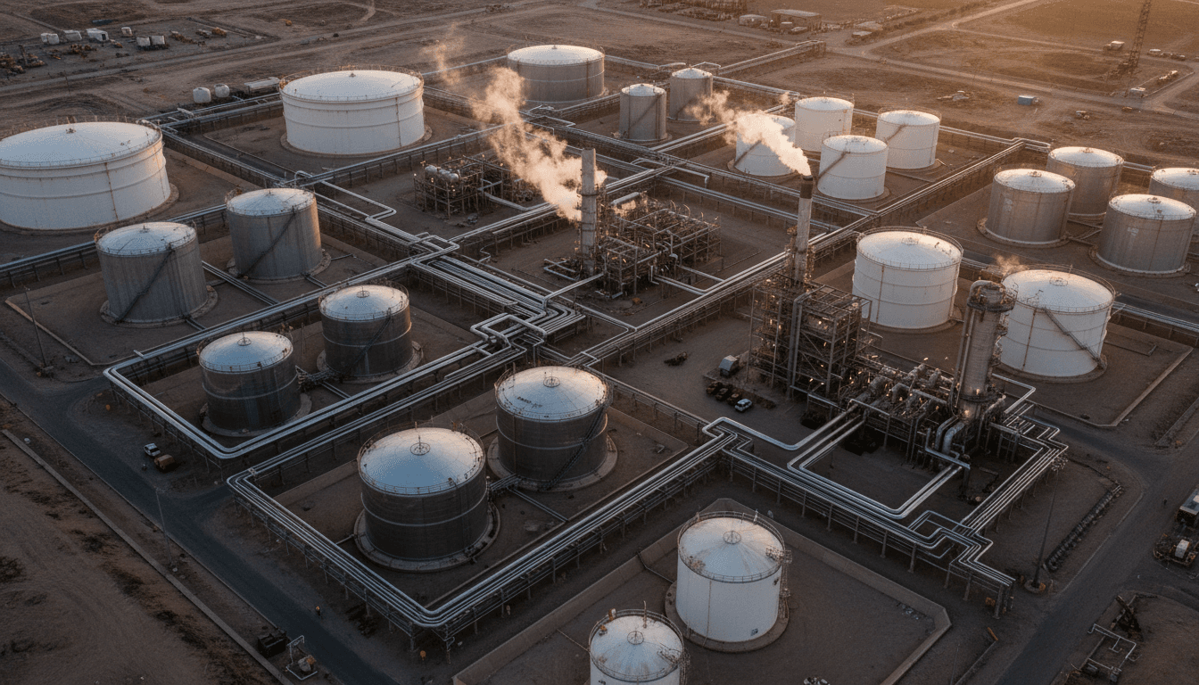 Aerial view of a sprawling oil refinery at dusk, with pipelines and storage tanks illuminated, reflecting the volatility of Brent oil prices topped $100 again.