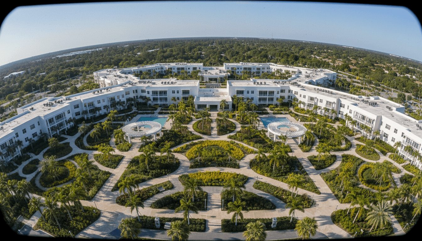 An aerial view of a meticulously organized elder care facility in Florida, illustrating the structured environment central to critical Florida Medicaid planning.