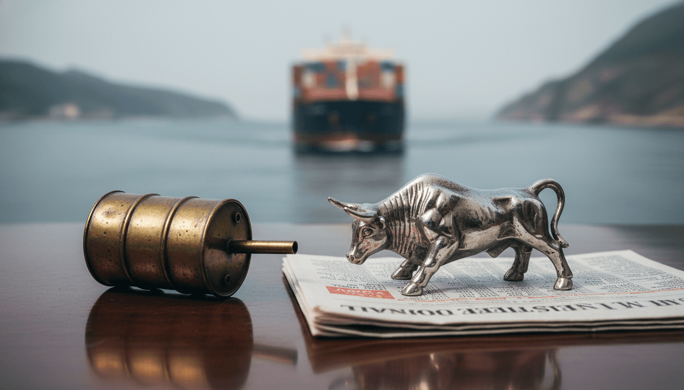 A detailed still life showing a miniature oil barrel next to a miniature bull statue, symbolizing the stock futures jump.