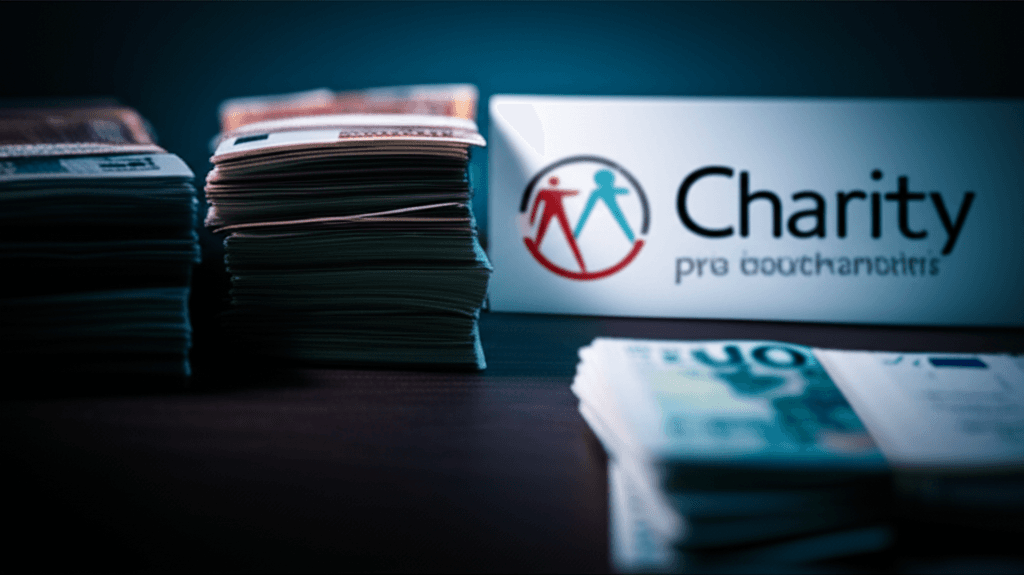 Stacks of money sit partially hidden behind a sign for a charity organization, casting a shadow over the funds, suggesting illicit activity.
