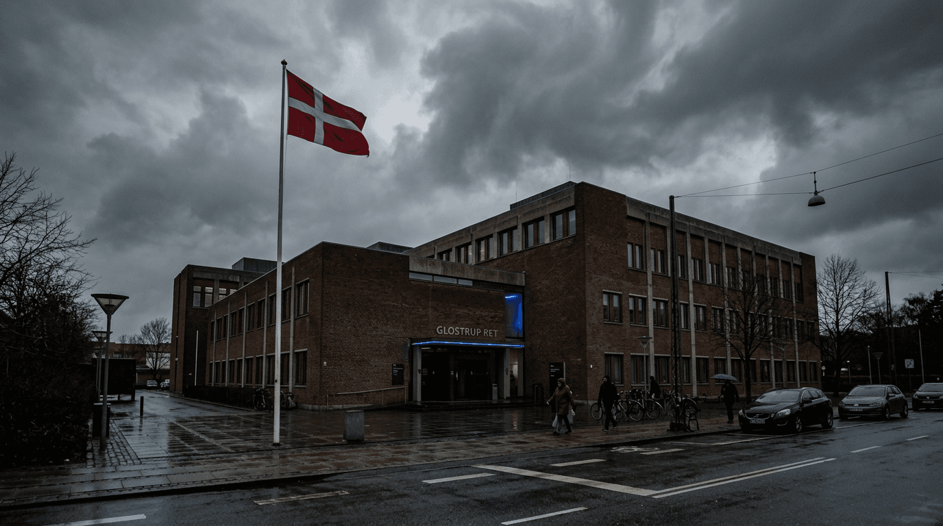 The Glostrup Court building in Copenhagen under a grey sky.