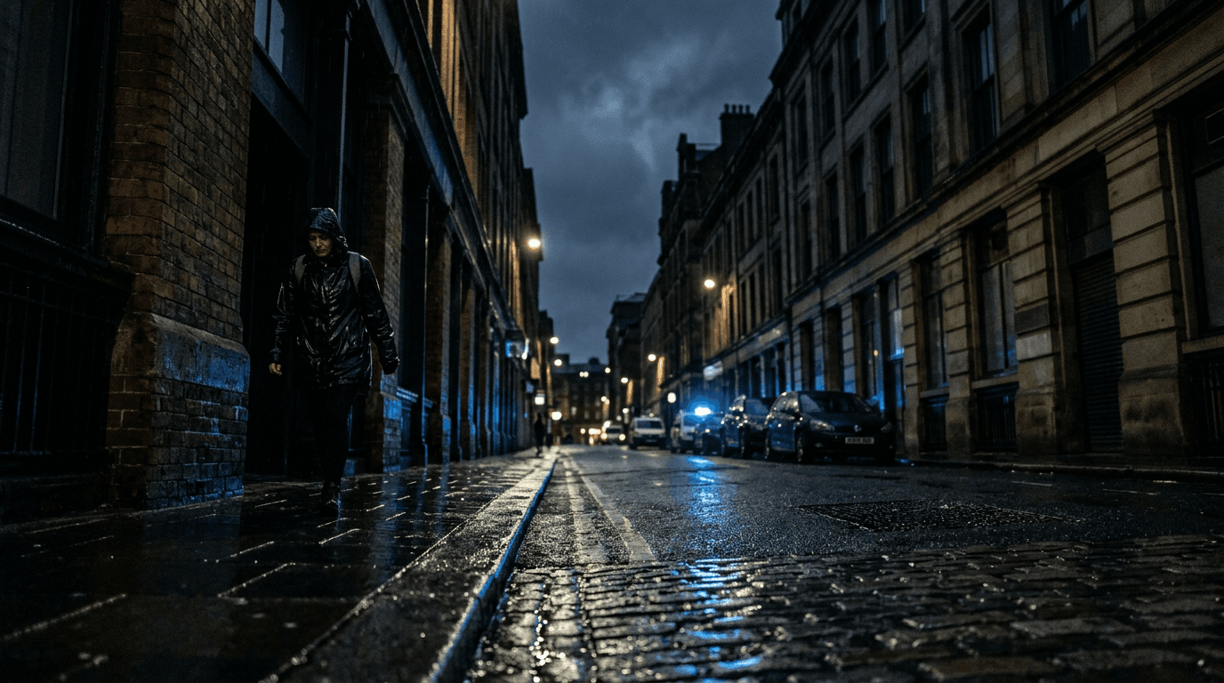 Rain-slicked city street at dawn, reflecting the flashing blue lights of an unseen emergency vehicle, conveying urgency and the aftermath of an arrest.
