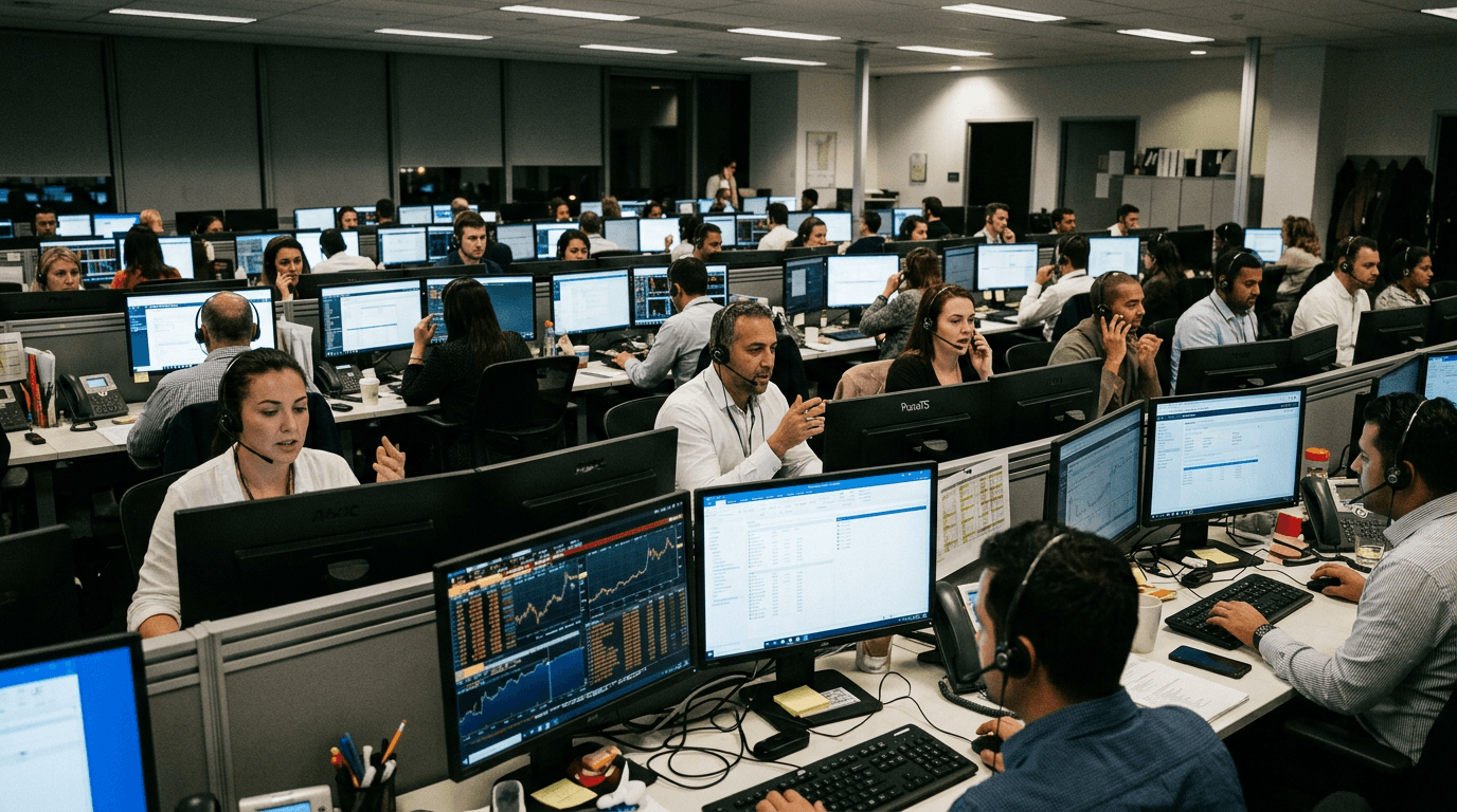 A call center with agents wearing headsets, displaying fraudulent trading platform interfaces on their computer screens, with a 'PumaTS' logo subtly visible on one monitor.