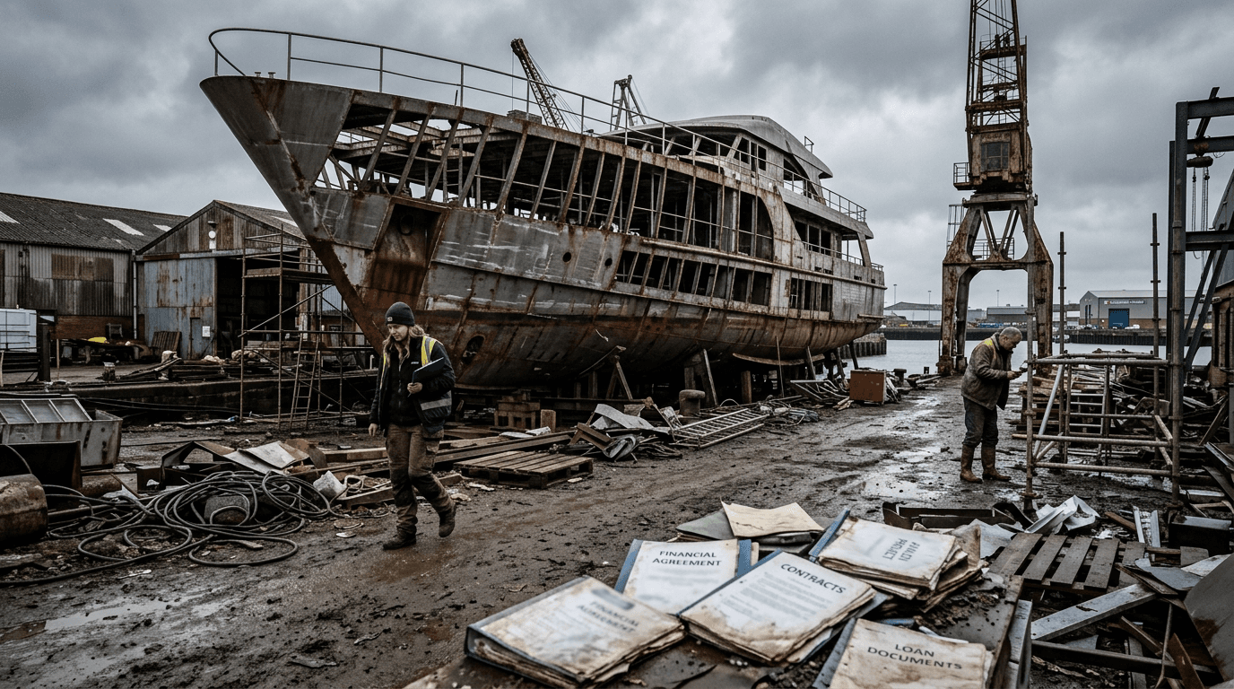 A conceptual image of a half-built luxury yacht hull, appearing abandoned and incomplete in a dimly lit shipyard, with scattered construction materials and faded financial documents lying around its base, symbolizing the unfulfilled promises and financial chaos of the fraud.