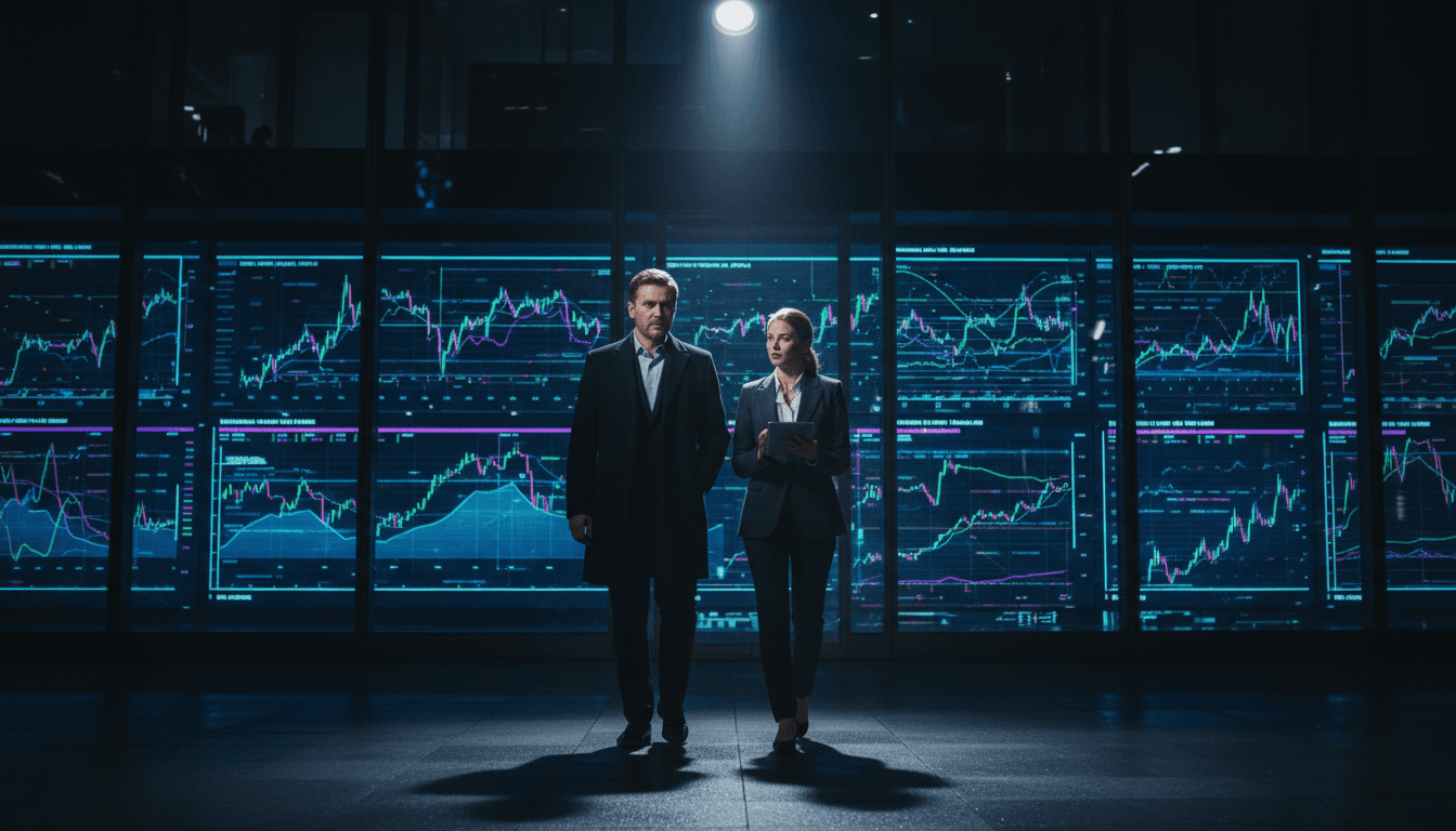 A close-up, street-level candid shot of a man's face, his expression grim, walking past a blurred background of a modern financial district with digital screens displaying crypto charts. The lighting is harsh, casting long shadows, emphasizing a sense of legal scrutiny.