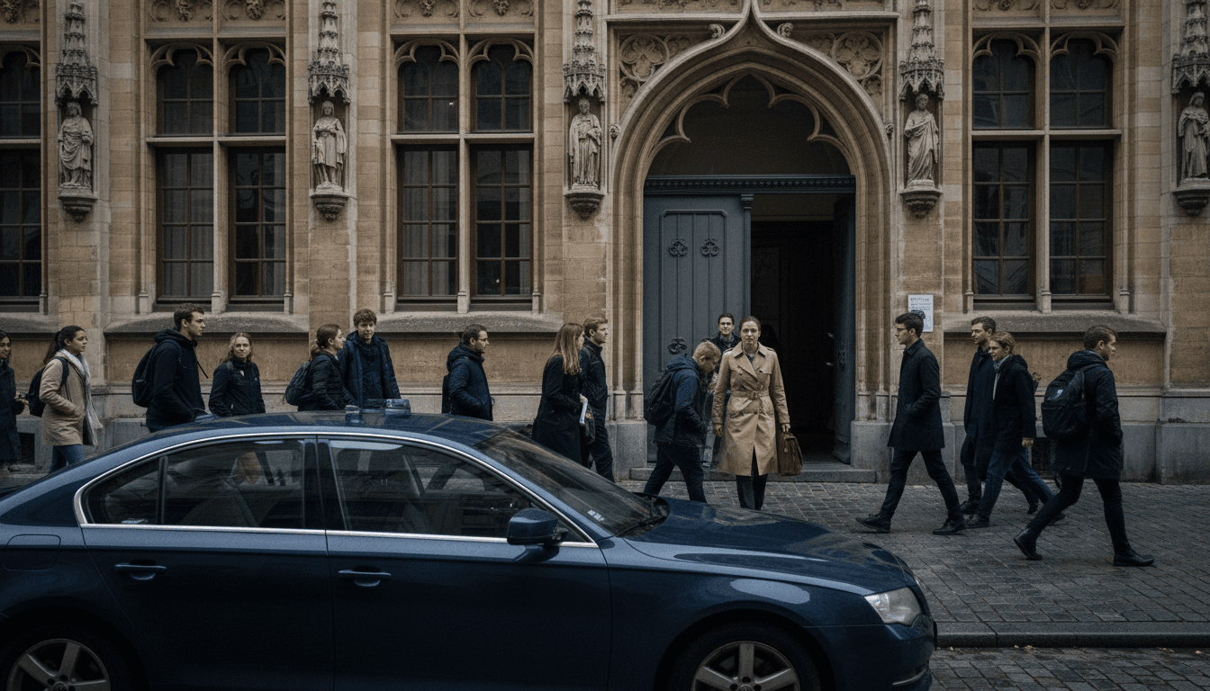 A street-level view of the College of Europe in Bruges, Belgium, with a prominent sign for the institution and a subtle police presence in the background, hinting at recent investigative activity.
