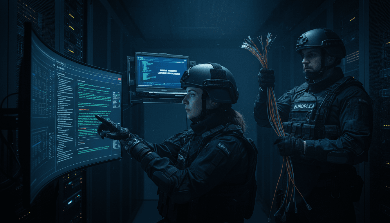 Europol agents in a dimly lit server room, one agent's hand on a glowing monitor displaying lines of code, another agent holding a network cable, with a laptop open showing an arrest warrant.