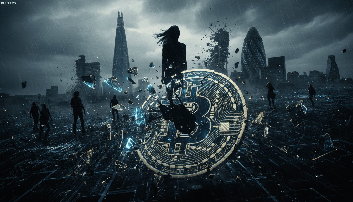 A digital representation of a broken cryptocurrency coin shattering into fragments, symbolizing the fraudulent nature of the investment scheme, with a blurred background of financial data screens.
