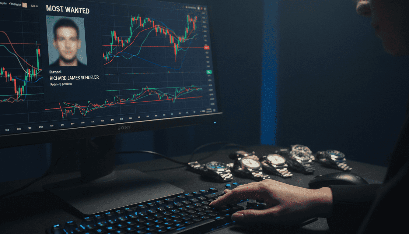 Hands typing on a keyboard with cryptocurrency charts and a Europol most wanted poster of Richard James Schueler on screen, surrounded by luxury watches.