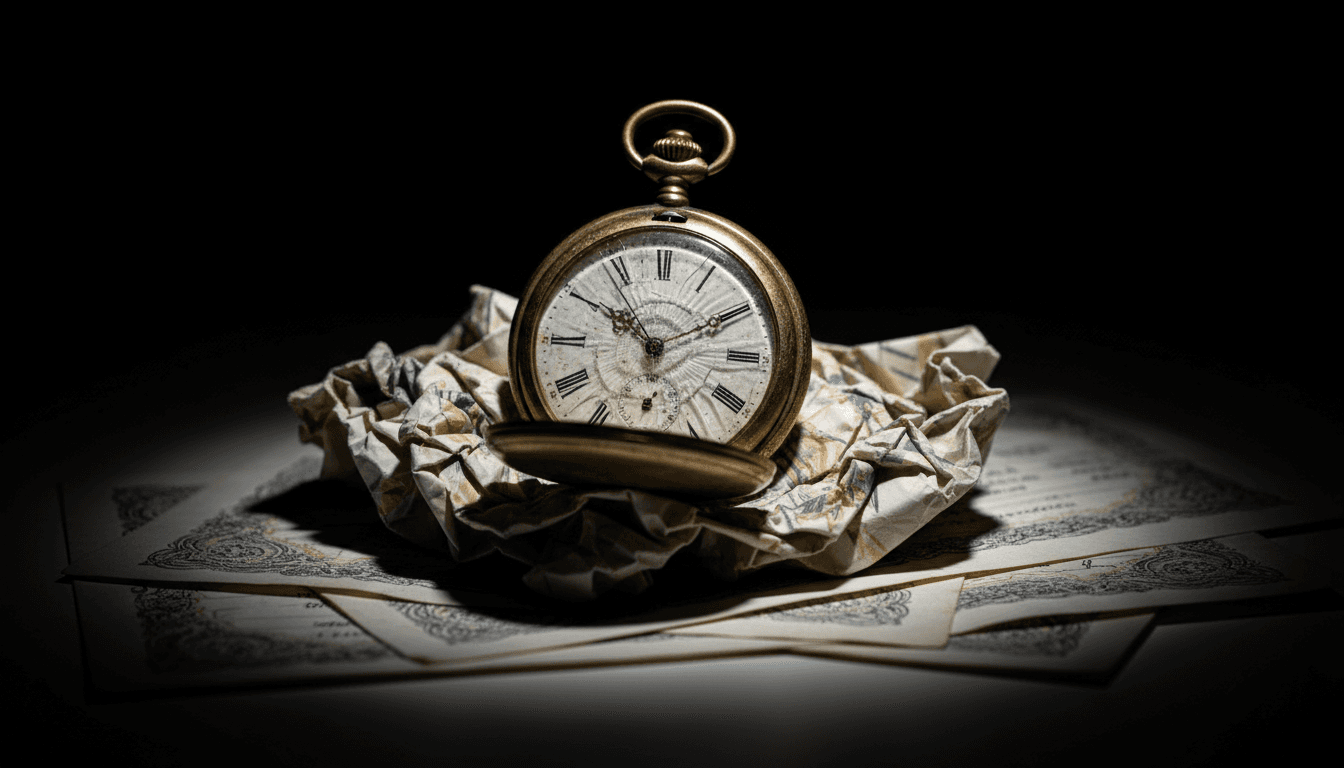 Close-up of a tarnished gold watch face with a cracked glass, resting on a stack of dishevelled, worthless stock certificates, symbolizing broken trust and lost wealth.