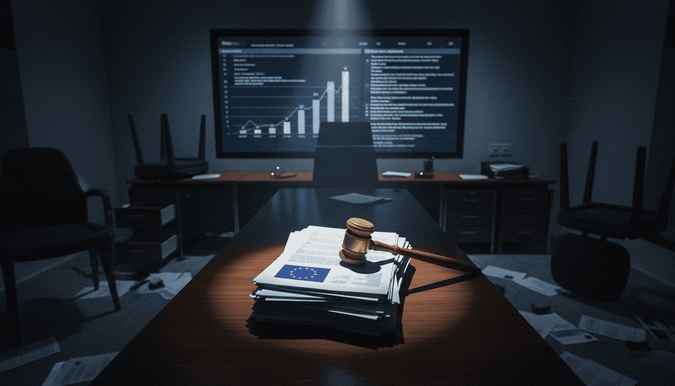 Abstract representation of legal documents, a gavel, and blurred financial charts, symbolizing a high-level fraud investigation within European institutions.