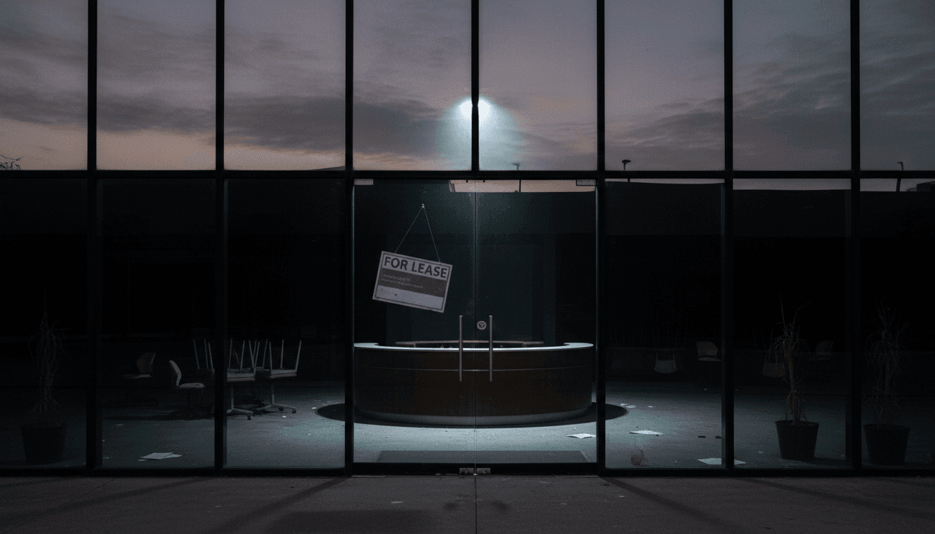 Empty office building with a "For Lease" sign, reflecting the collapse of a fraudulent investment scheme.