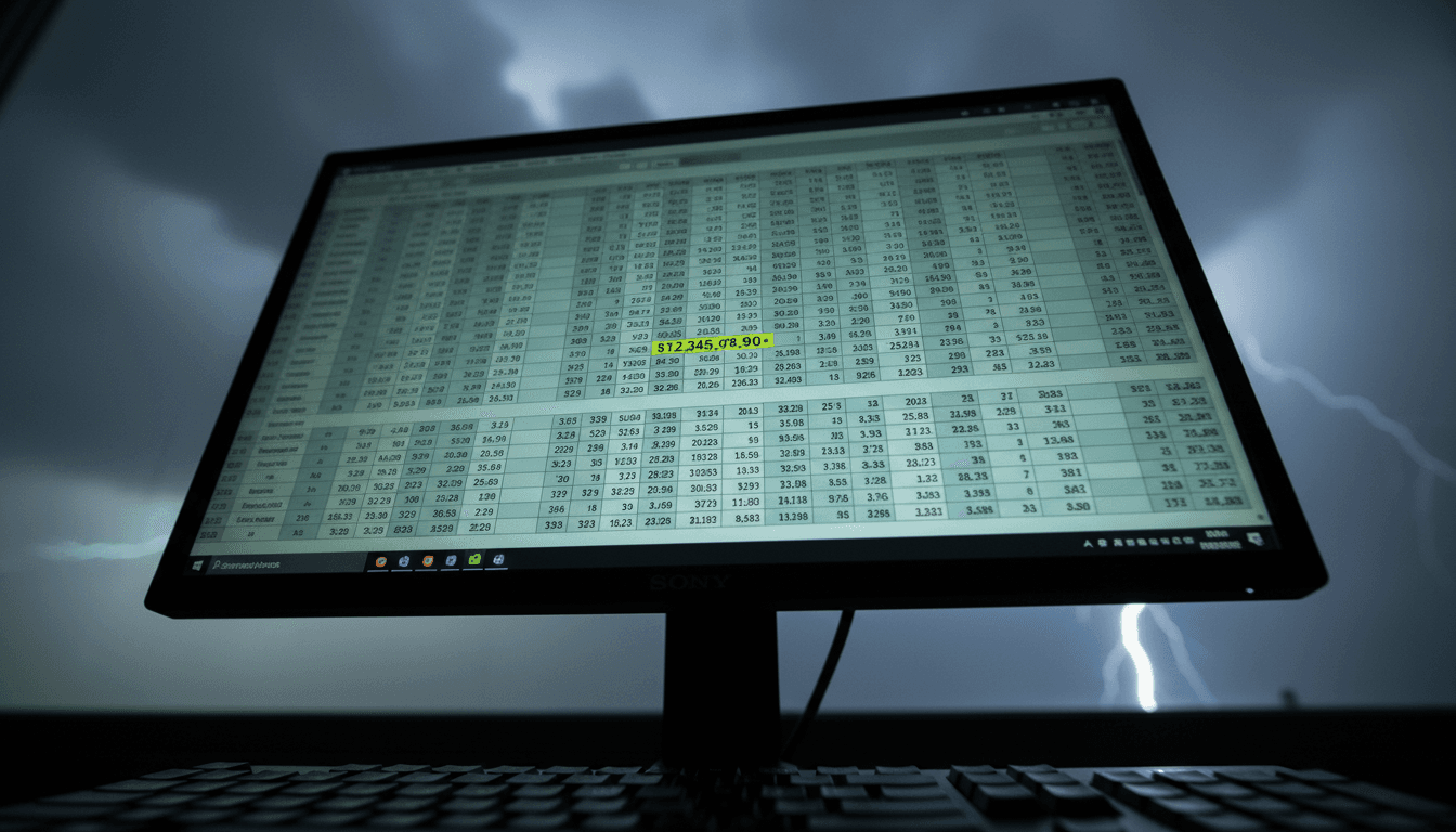 Close-up of a blurred financial spreadsheet on a computer screen, with a highlighted cell showing a significant profit figure, suggesting illicit gains.